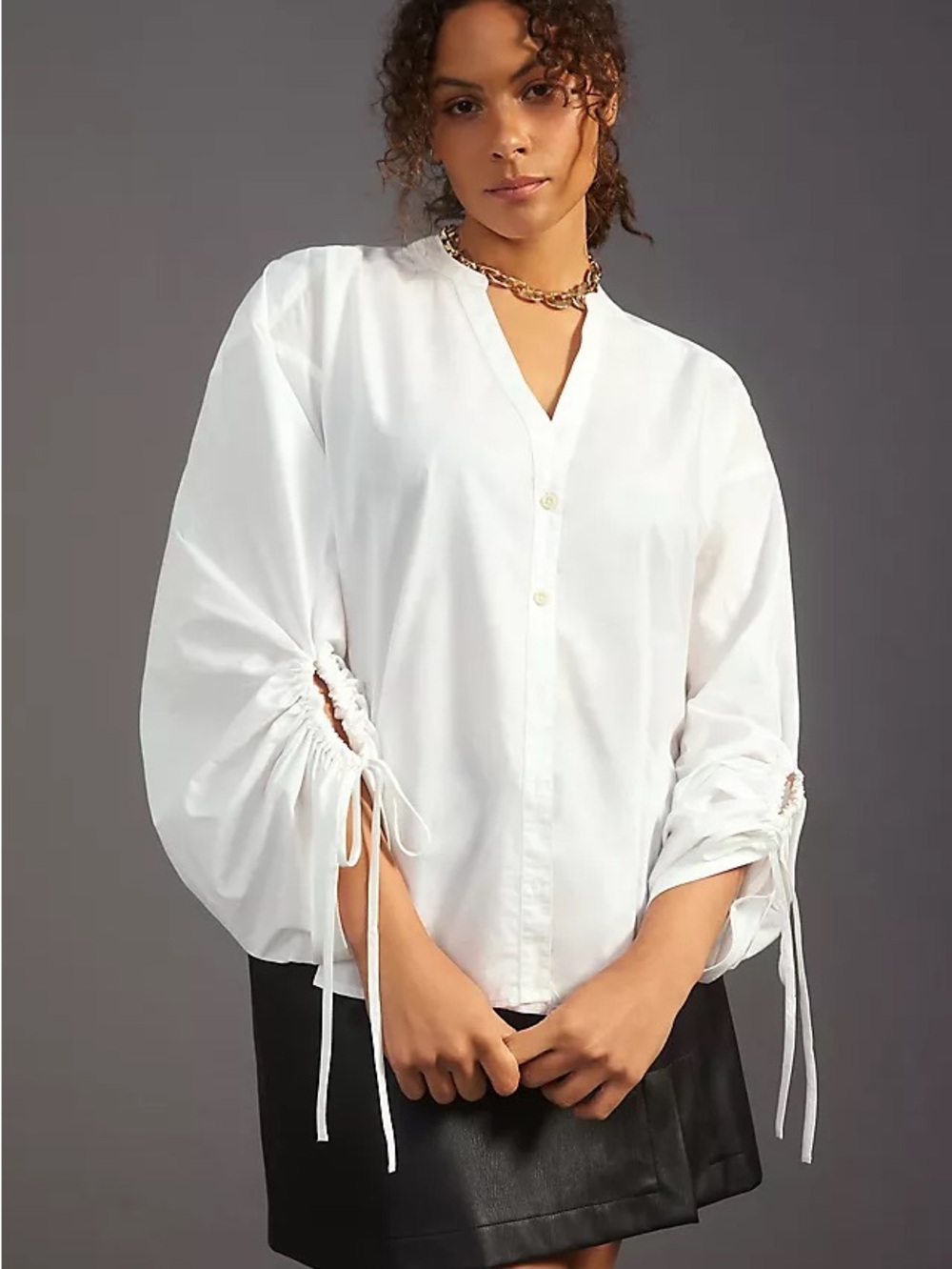 Anthropologie White Button-Down V-Neck Blouse with Drawstring Balloon Sleeves